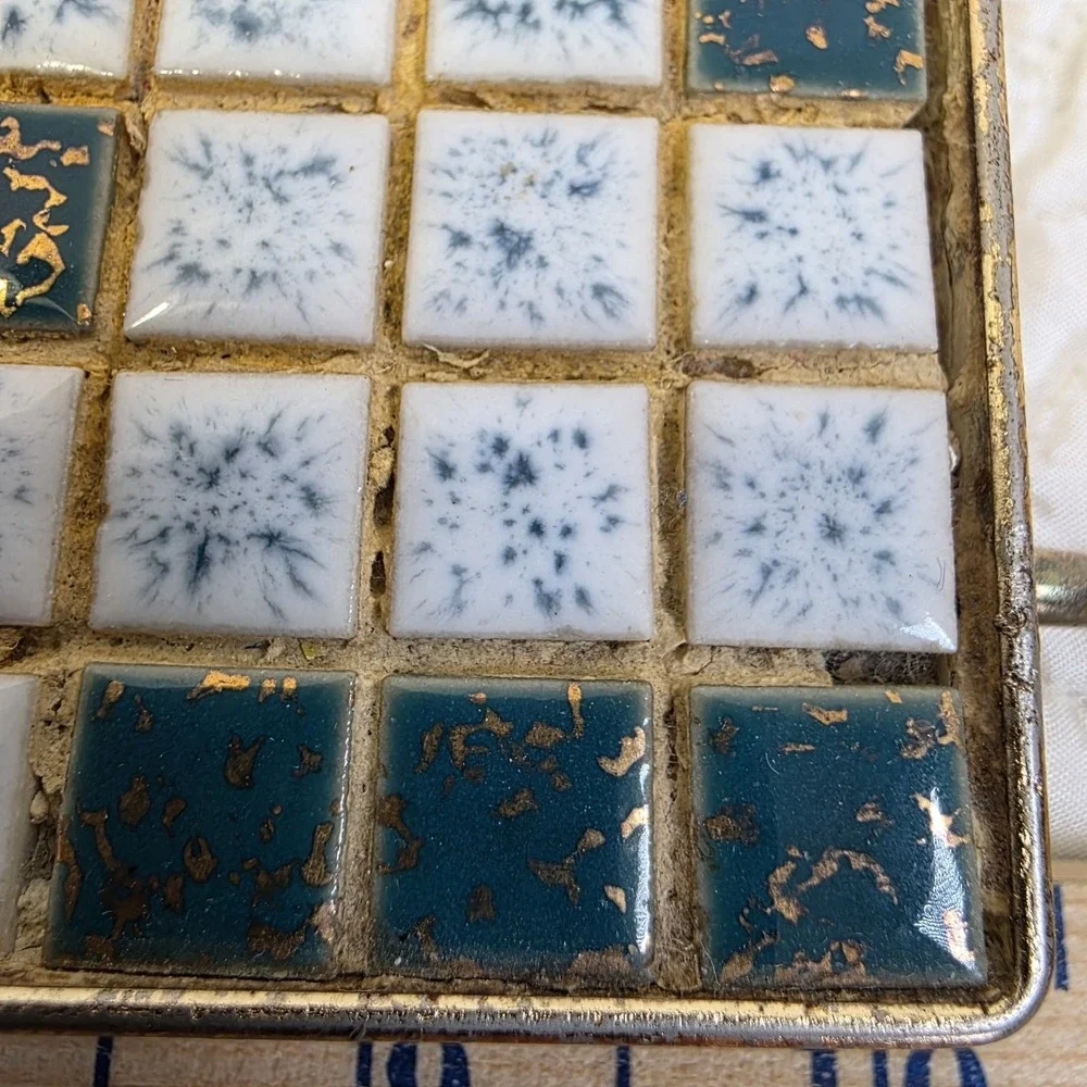 Vintage Blue Mosaic‎ Tile Trivet Hot Plate Mid Century Modern Metal Holder
